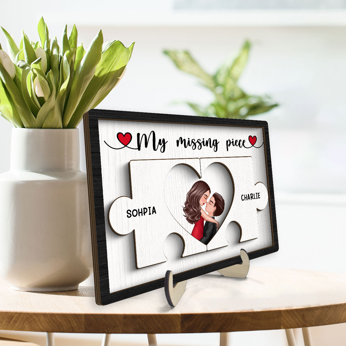 Couple Kissing Missing Piece In Puzzles Personalized 2-layer Wooden Plaque, Valentine‘s Day Gift For Him, For Her