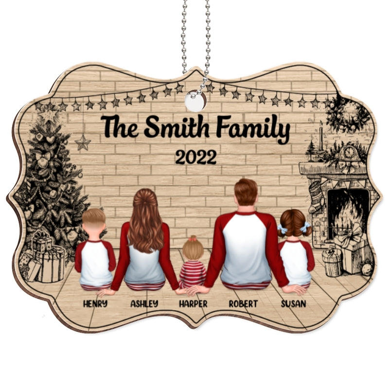 Pajamas Family Sitting In Fireplace Sketch Personalized Wooden Ornament
