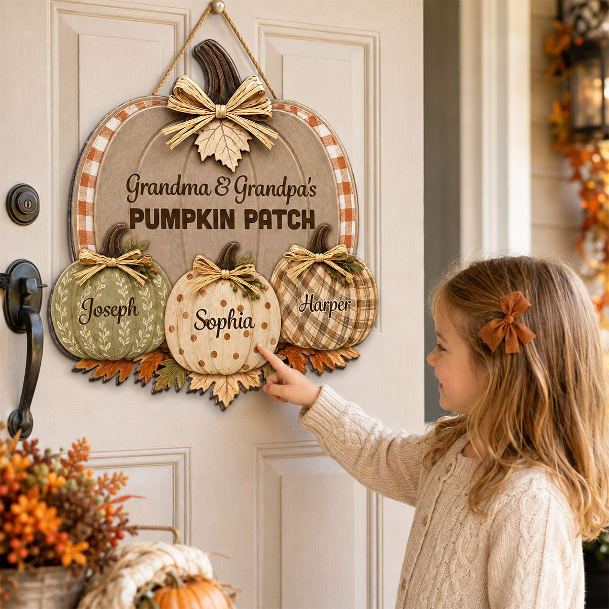 Grandma & Grandpa's Pumpkin Patch Polka Dot Leopard Plaid Pattern Pumpkins 2D Flat Printed - Personalized Door Hanger - Fall Season Decor For Grandparents