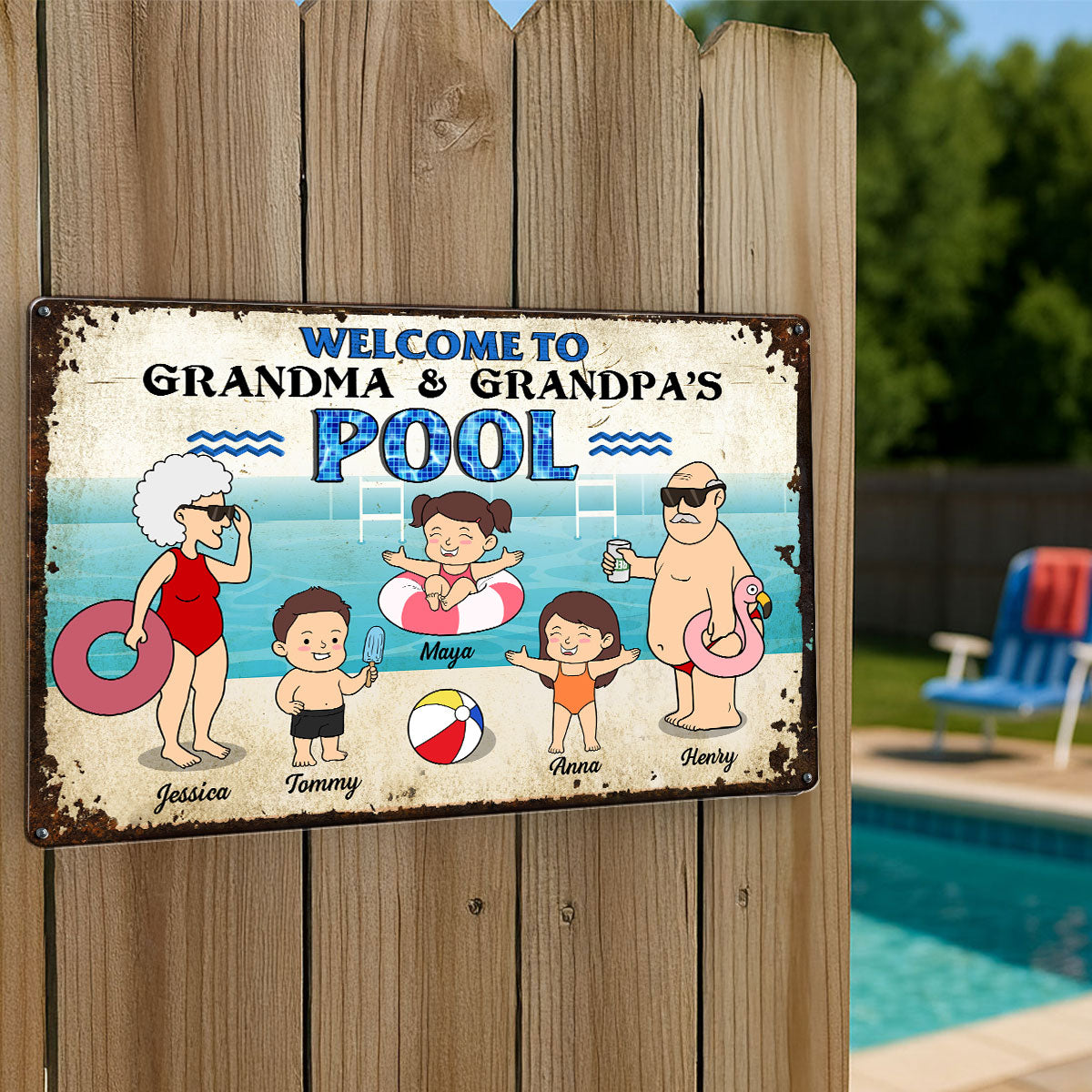 Funny Cartoon Welcome To Grandma Grandpa Pool Personalized Metal Sign