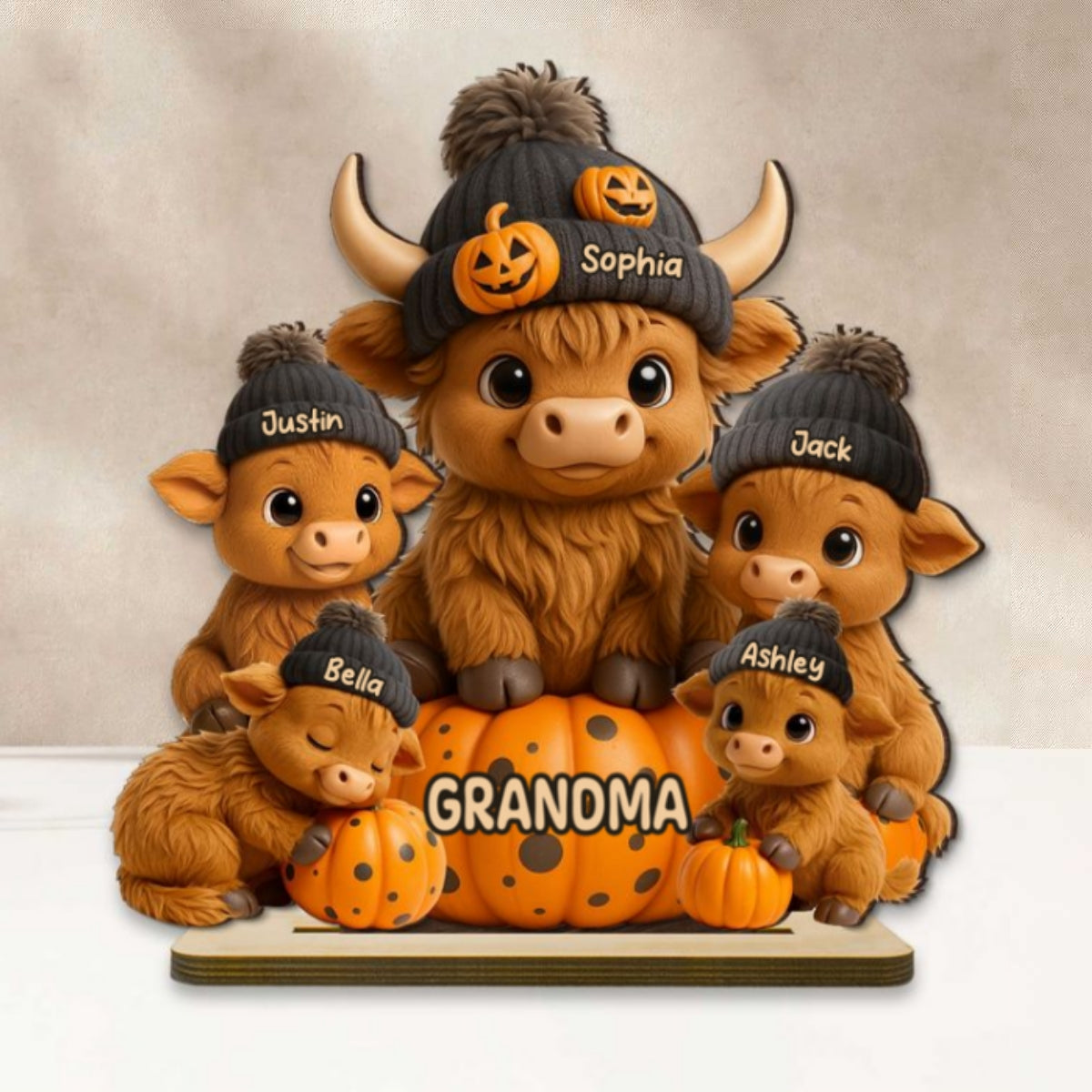 Mama Cow Personalized Standing Wooden Plaque, Cozy Fall Vibe Halloween Decor for Mom, Grandma