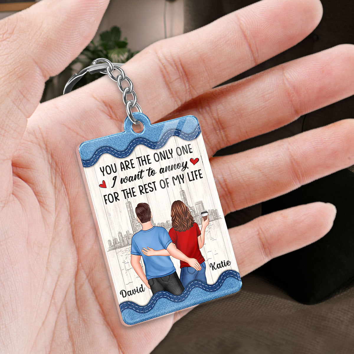 Denim Pattern Back View Couple Touching Favorite Song Scannable QR Code Personalized Acrylic Keychain