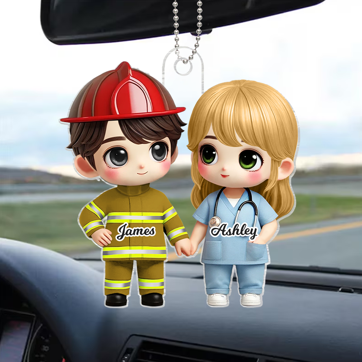 3D Effect Cute Cartoon Couple Gift by Occupation Gift For Her Gift For Him Personalized Acrylic Car Hanger, Anniversary Gift For Couple