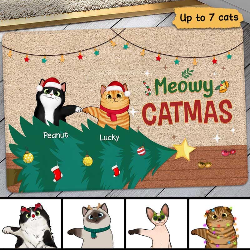 Meowy Catmas Naughty Cat Funny Christmas Personalized Doormat