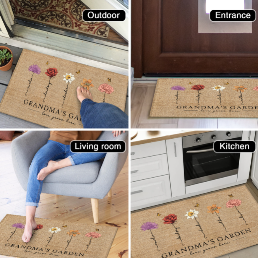 [FREE DELIVERY - Limited time offer] Grandma‘s Garden Love Grows Here Vintage Birth Flowers Swirl Name Personalized Doormat, Gift For Her, Mom, Grandma