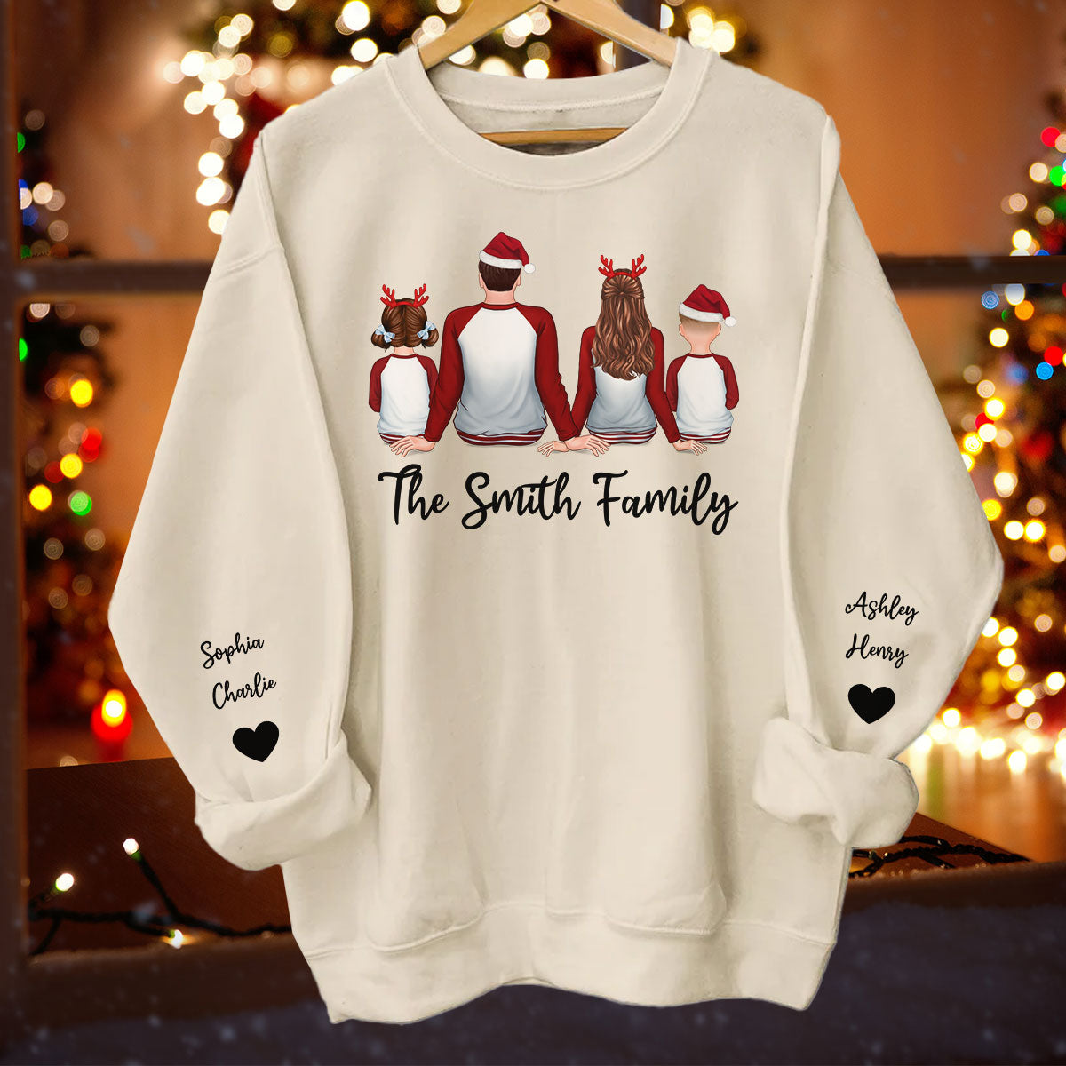 Family Sitting Pajamas Back View Personalized Sleeve Printed Sweatshirt