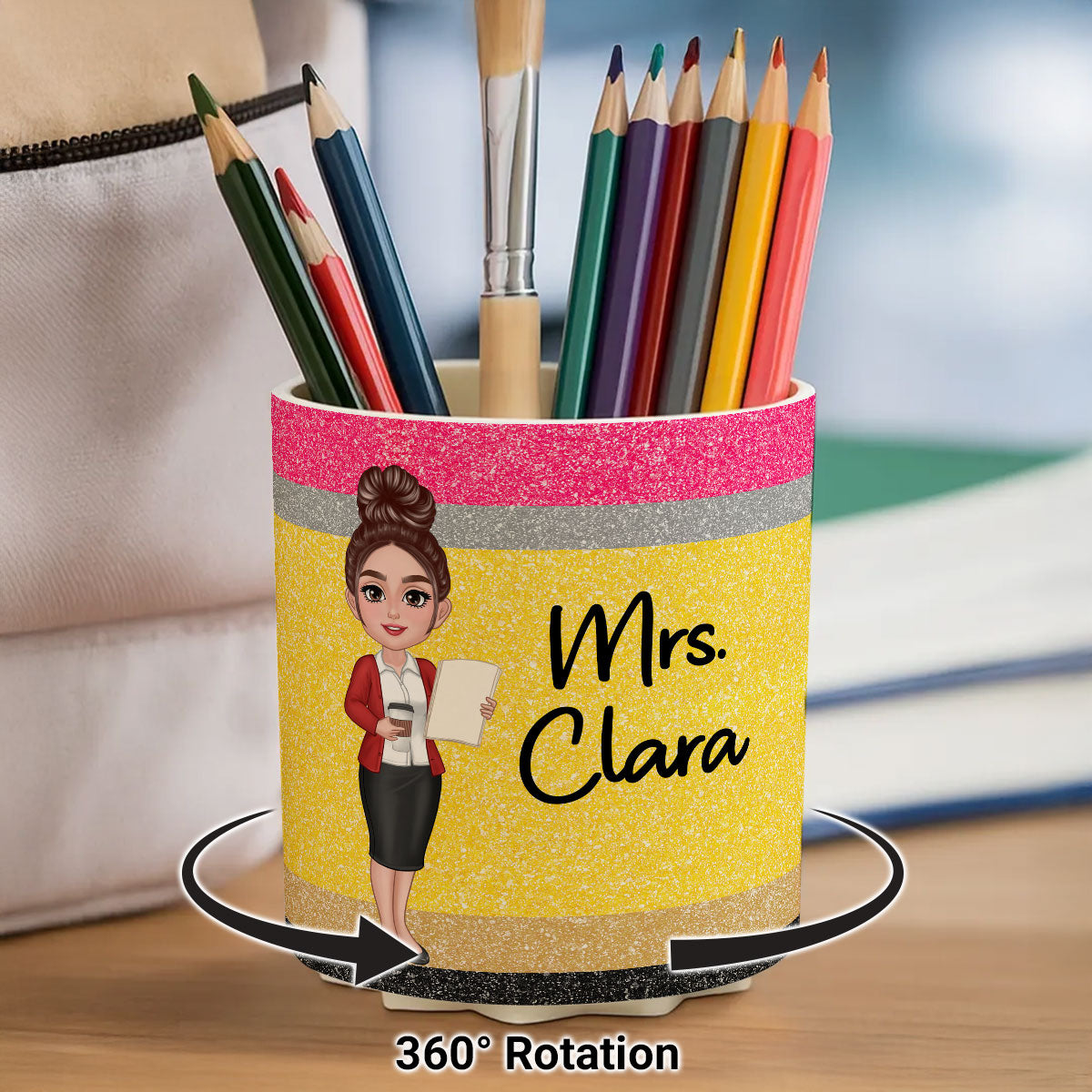 Doll Teacher Personalized Rotating Pen Holder, Teacher Appreciation Gift, Back To School Gift