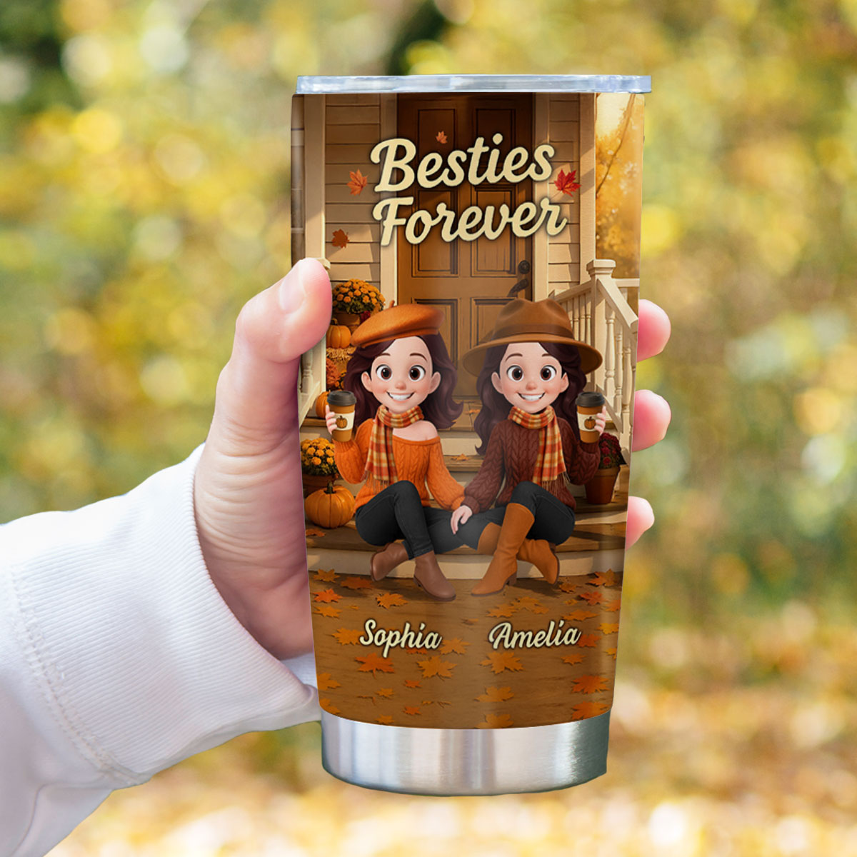 Fall Vibe Besties Sitting On Cozy Theme Front Porch Personalized Tumbler