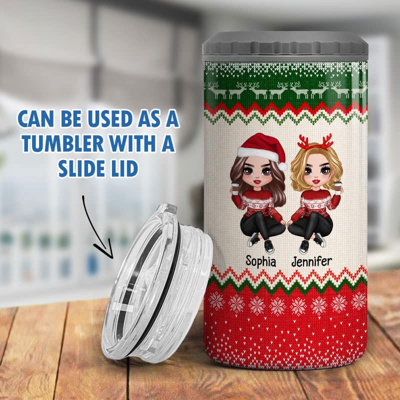 Besties Sisters Christmas Ugly Sweater Pattern Personalized 4 In 1 Can Cooler