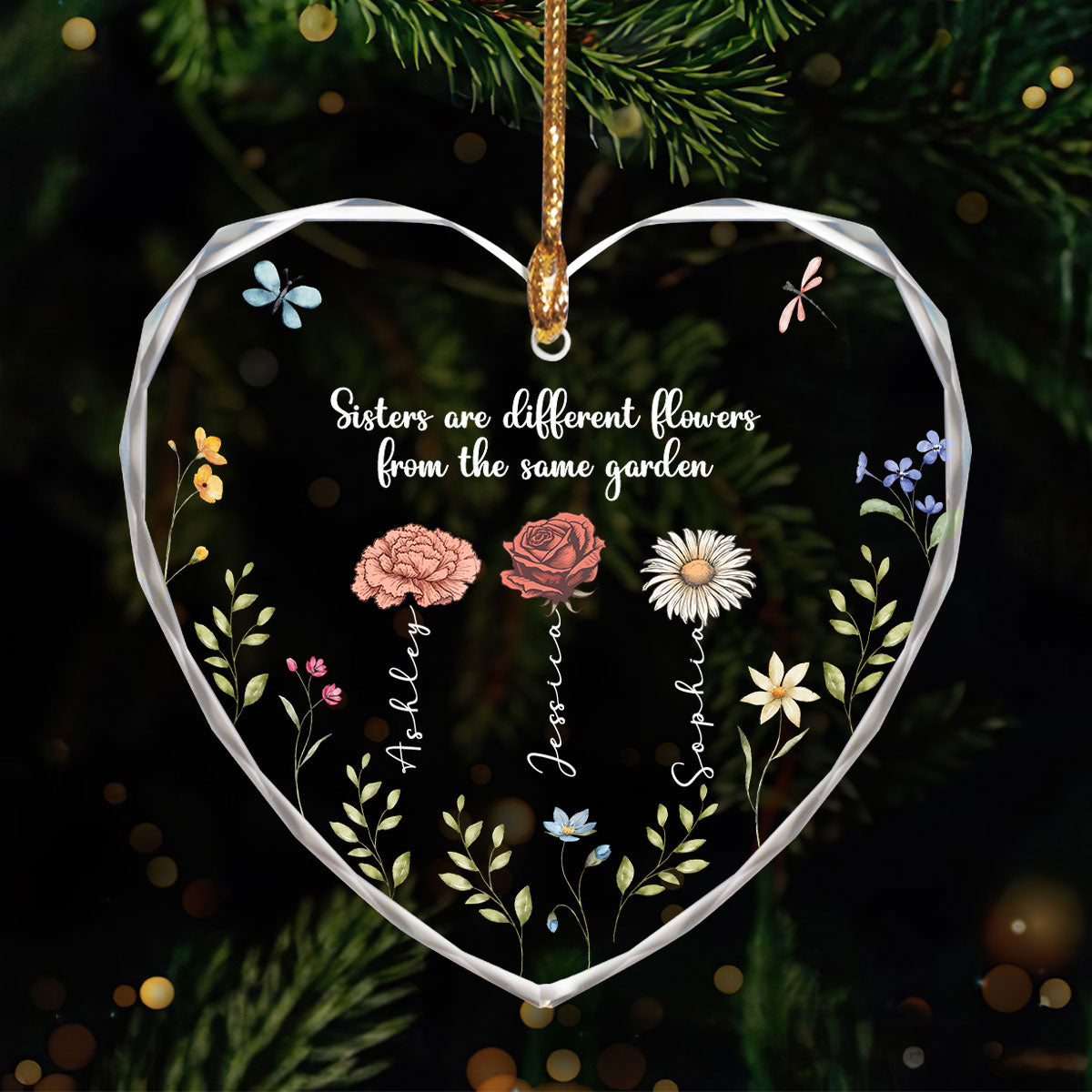 Sisters Are Different Flowers From The Same Garden Personalized Heart Glass Ornament, Christmas Gift For Sisters