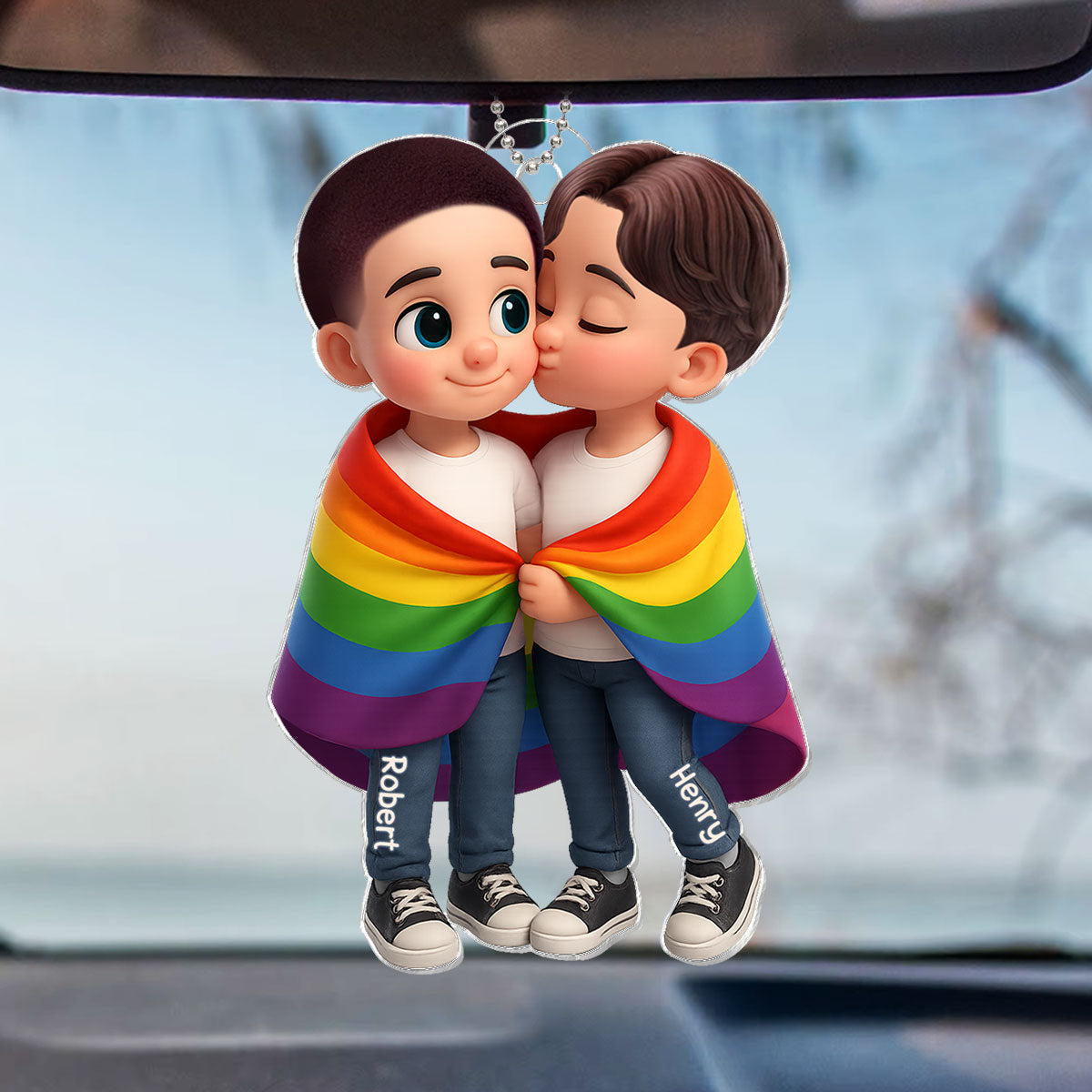 Pride Month LGBTQ+ Couple Love Is Love Personalized Acrylic Car Hanger, Gift For Couple