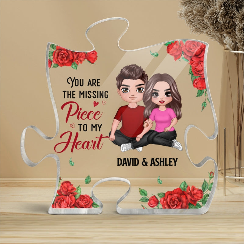 Rose Pattern Embracing Doll Couple Sitting You Are My Missing Piece Gift For Him For Her Personalized Puzzle Acrylic Plaque