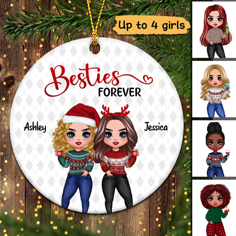 Doll Women Best Friends Besties Forever Christmas Personalized Circle Ornament