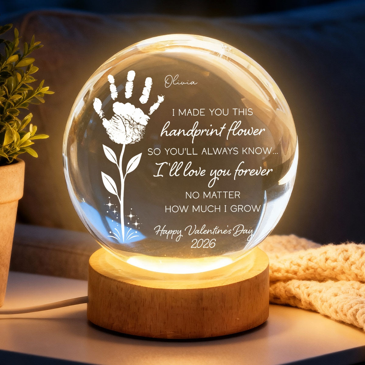 Valentine Day Handprint Art Craft - Personalized Crystal Ball LED Night Light - Anniversary, Valentine's Day Gift, Gift For Him, Gift For Her