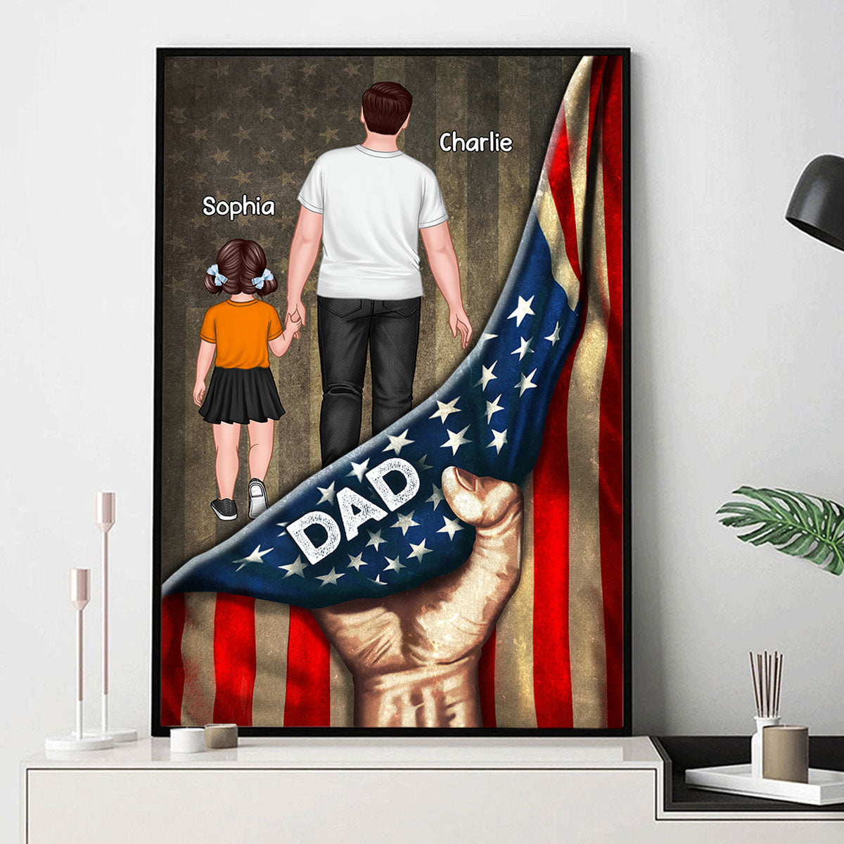 Dad Papa Grandpa Kids Walking Hand Pulling American Flag Personalized Poster, Meaningful Father's Day Gift for Dad, Gift for Husband