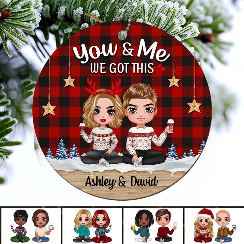 Checkered Pattern Doll Couple Sitting Personalized Wooden Ornament
