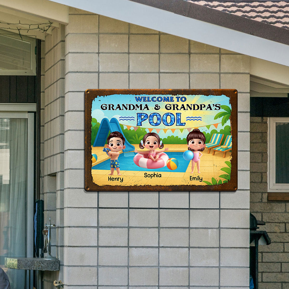Welcome to Grandma & Grandpa's Pool Personalized Metal Sign, Grandchildren Welcome Sign