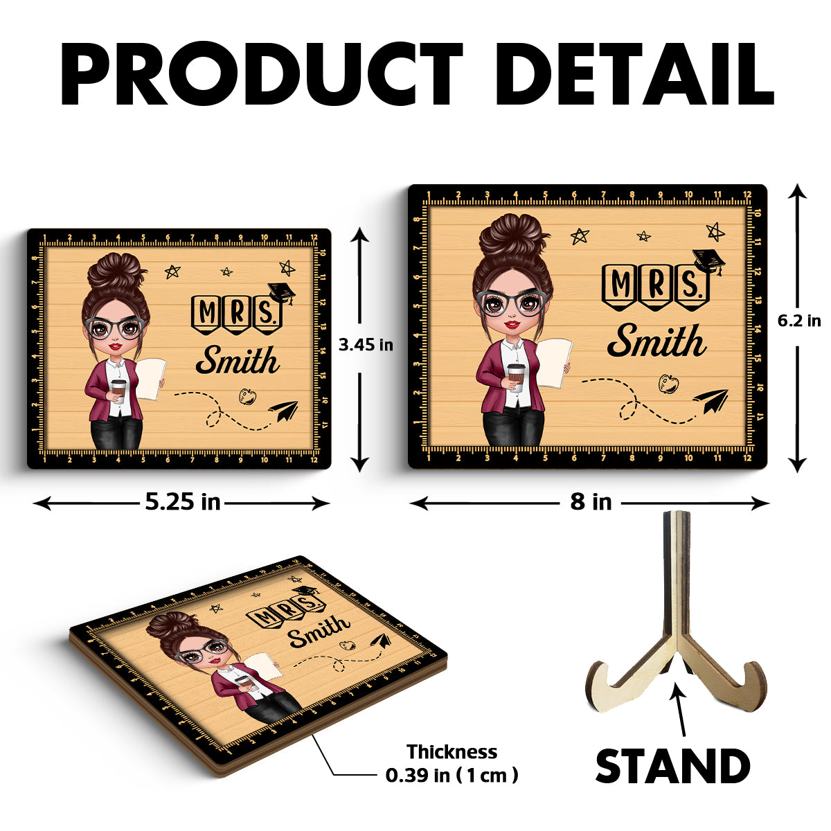 Teacher Sign Ruler Frame Personalized 2-layer Wooden Plaque