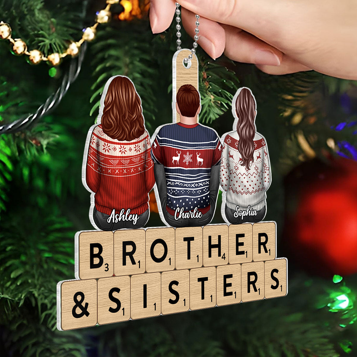 Brothers Sisters Siblings Sitting Back View Personalized Acrylic Ornament