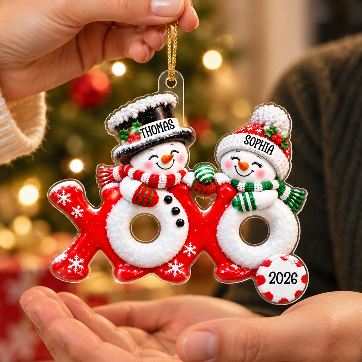 Hugs & Kisses XOXO Snowman Couple 2D Flat - Personalized Acrylic Ornament - Christmas Gift for Couple