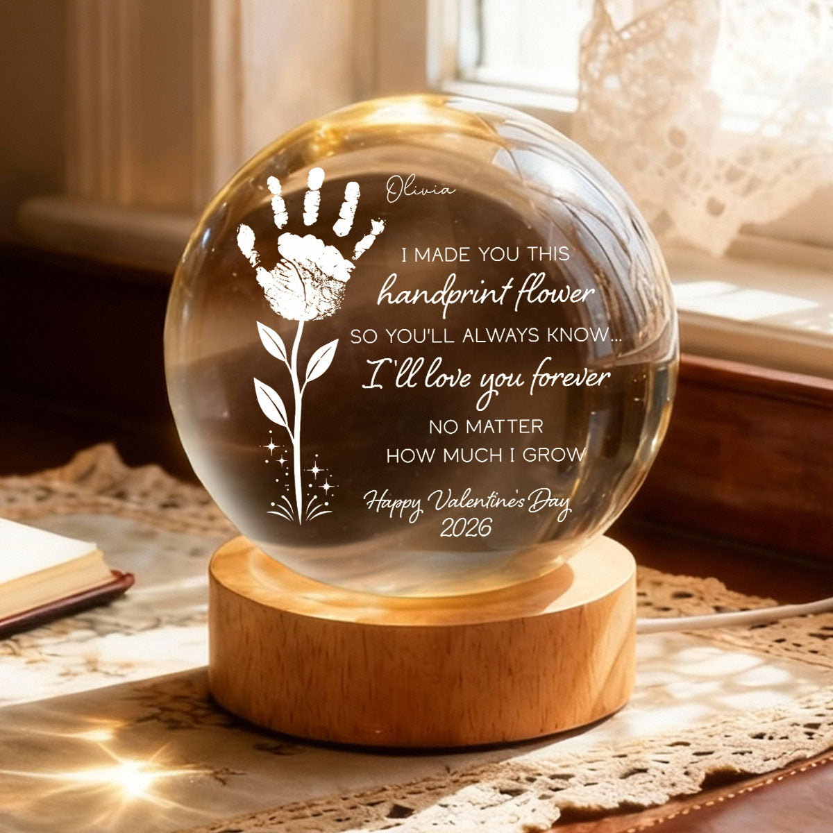 Valentine Day Handprint Art Craft - Personalized Crystal Ball LED Night Light - Anniversary, Valentine's Day Gift, Gift For Him, Gift For Her
