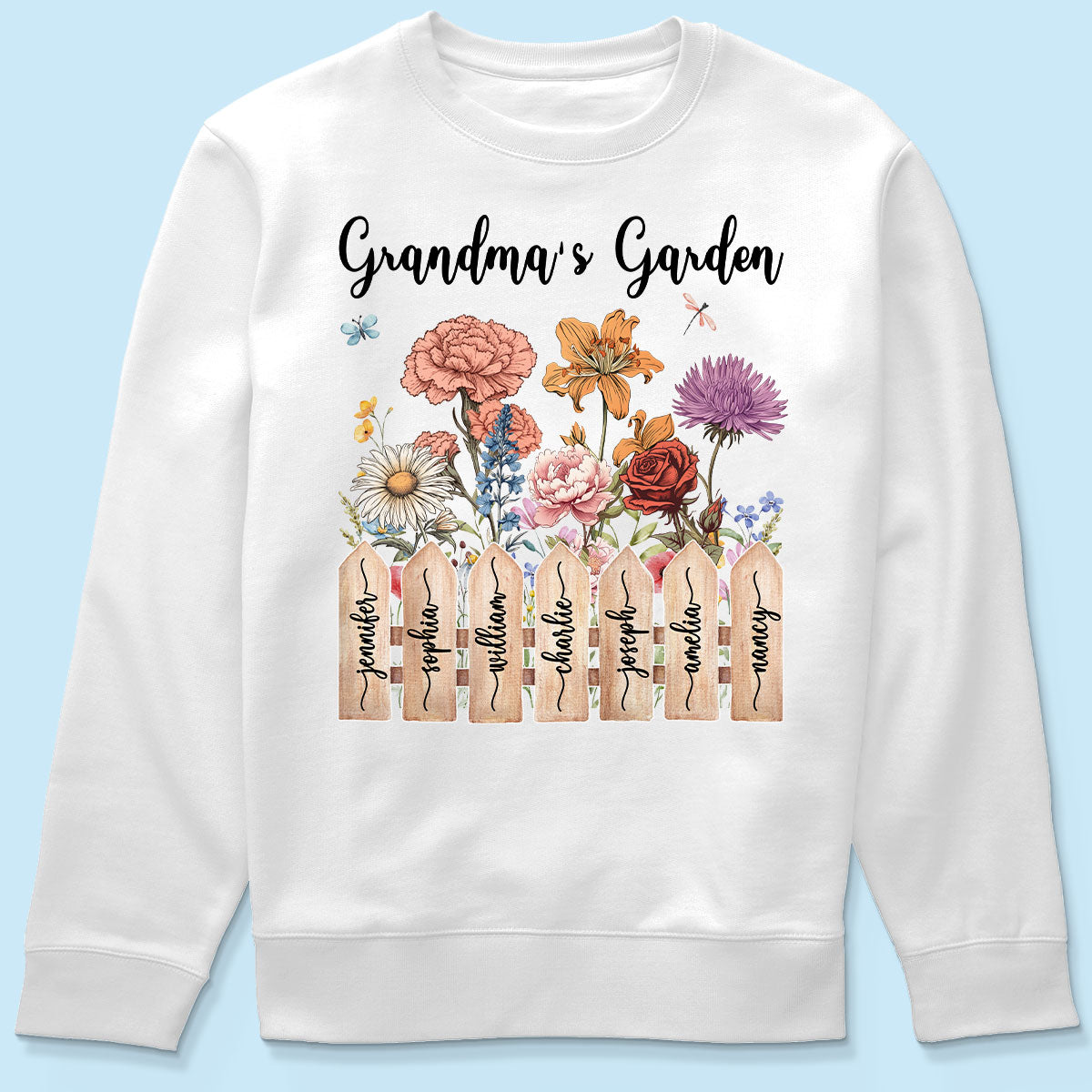 Grandma Birth Month Flower Garden Grandkids Names On Fence Personalized Shirt, Mother's Day gift for Mom, for Grandma