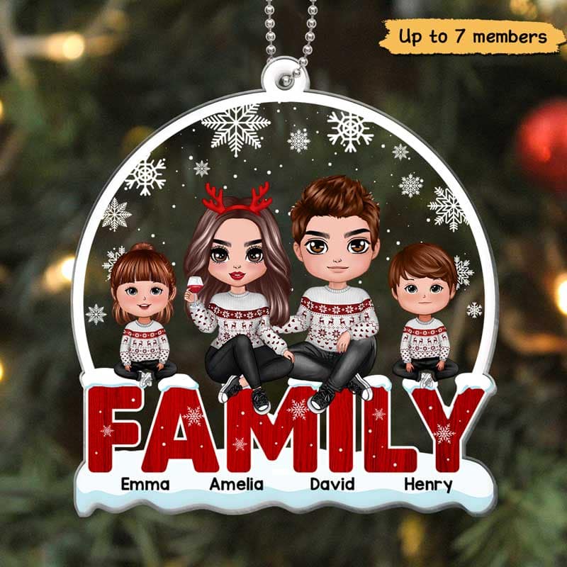 Doll Family Sitting On Text Snow Background Personalized Acrylic Ornament