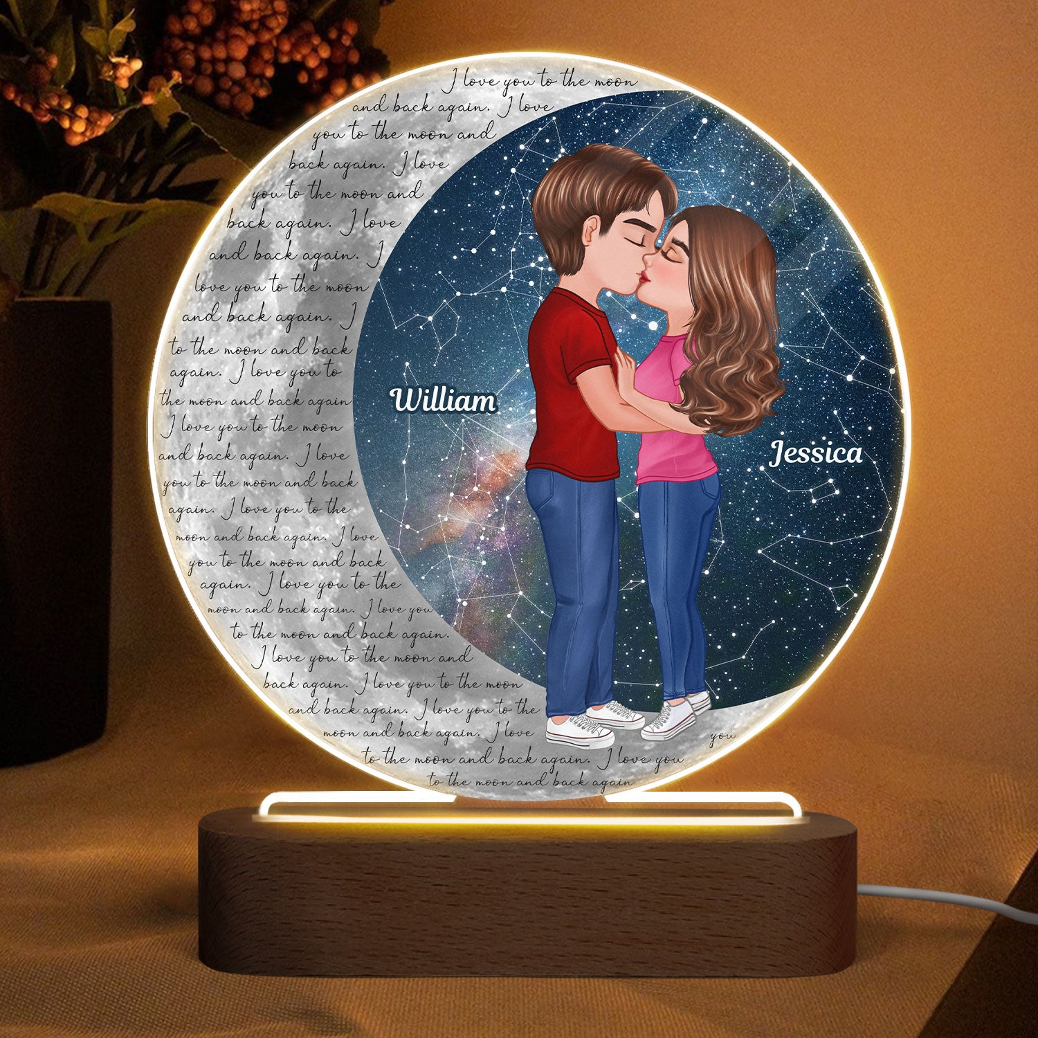 Doll Couple Kissing Star Sky On Moon Personalized Circle Acrylic LED Night Light