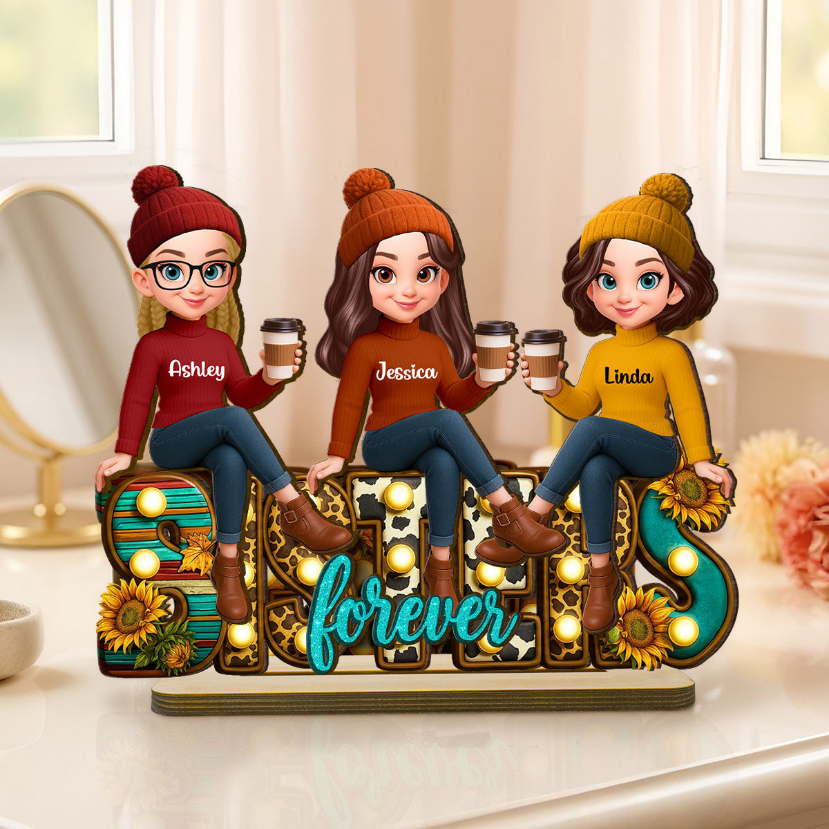 Western Fall Vibe Besties Sitting Personalized Standing Wooden Plaque, Fall Gift for Best Friends