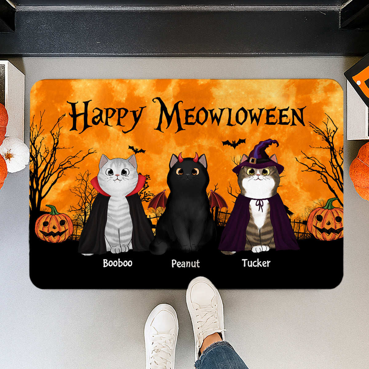 Happy Meowloween Halloween Moon Light Bat Tree Spooky Cat Personalized Doormat, Purrfect Decor for Cat Lover