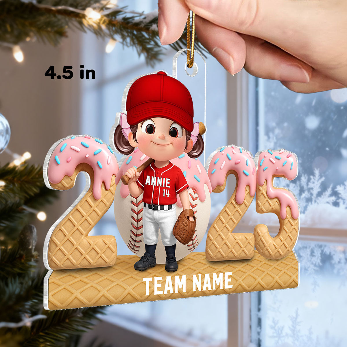 3D Effect Ice Cream Drip Sprinkles Kid Girl Boy Baseball Player - Personalized Acrylic Ornament - Christmas Gift For Kids, Granddaughter, Grandson, Daughter, Son