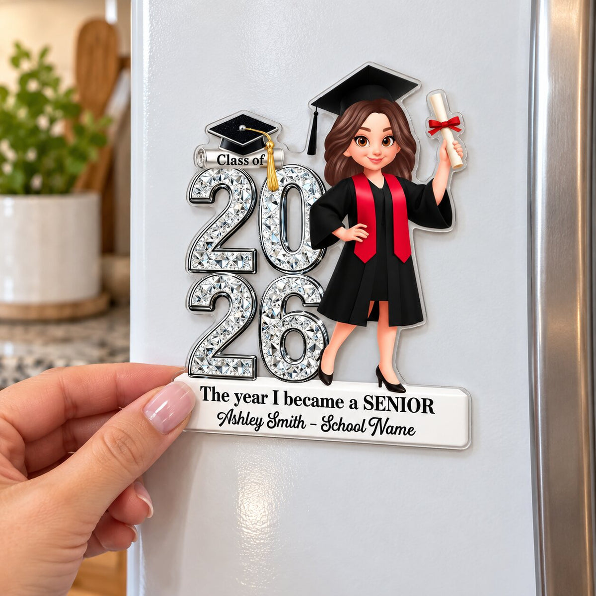 The Year I Became A Senior - Personalized Acrylic Fridge Magnet - Christmas Gift For Seniors, Daughter, Son, Granddaughters, Grandsons