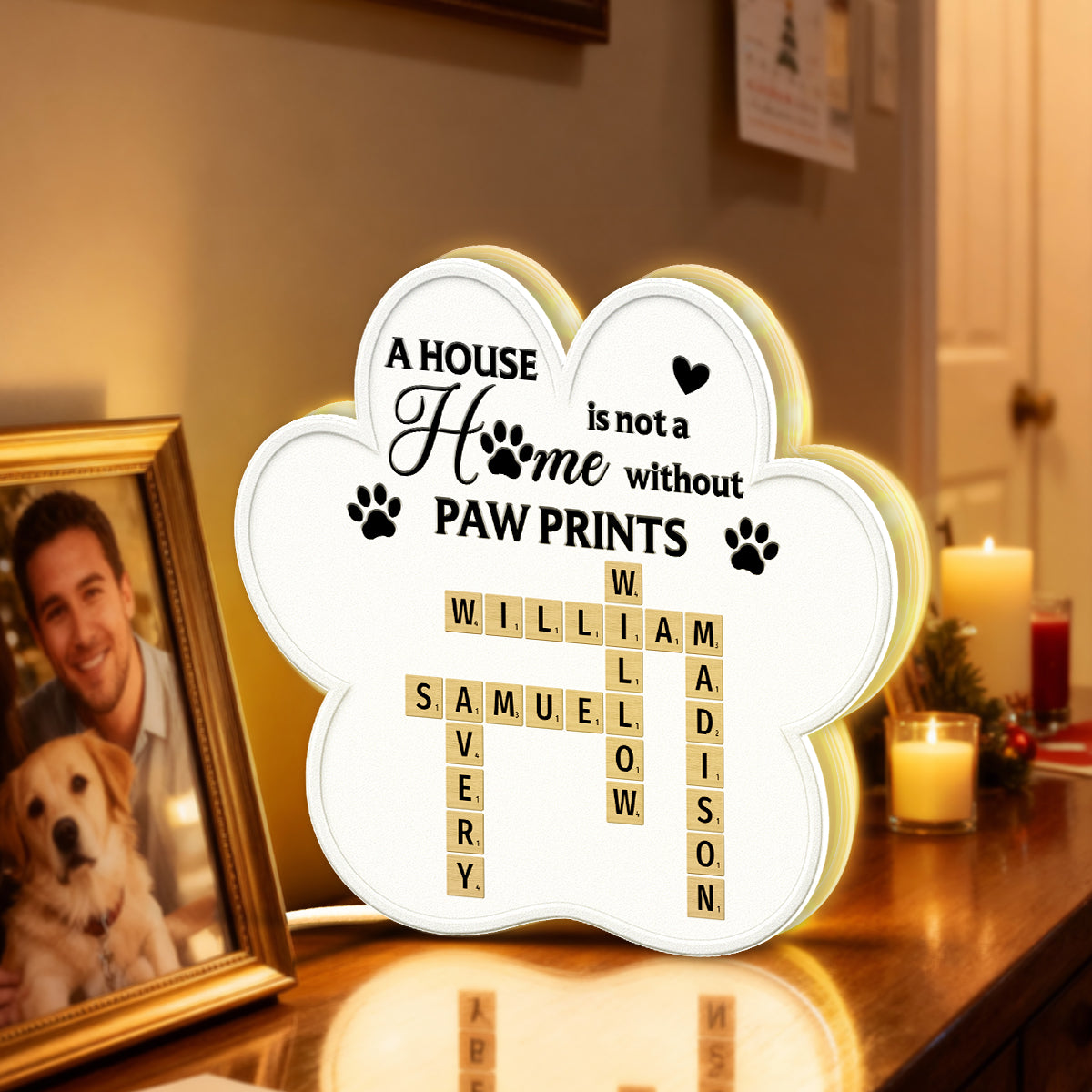 A House Is Not A Home Without Paw Prints Custom Pet Names Crossword Art - Personalized Light Box