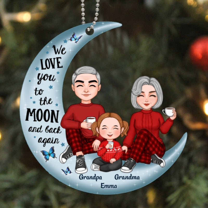 Cute Grandma Grandpa Grandparents & Grandkid On Moon Personalized Acrylic Ornament