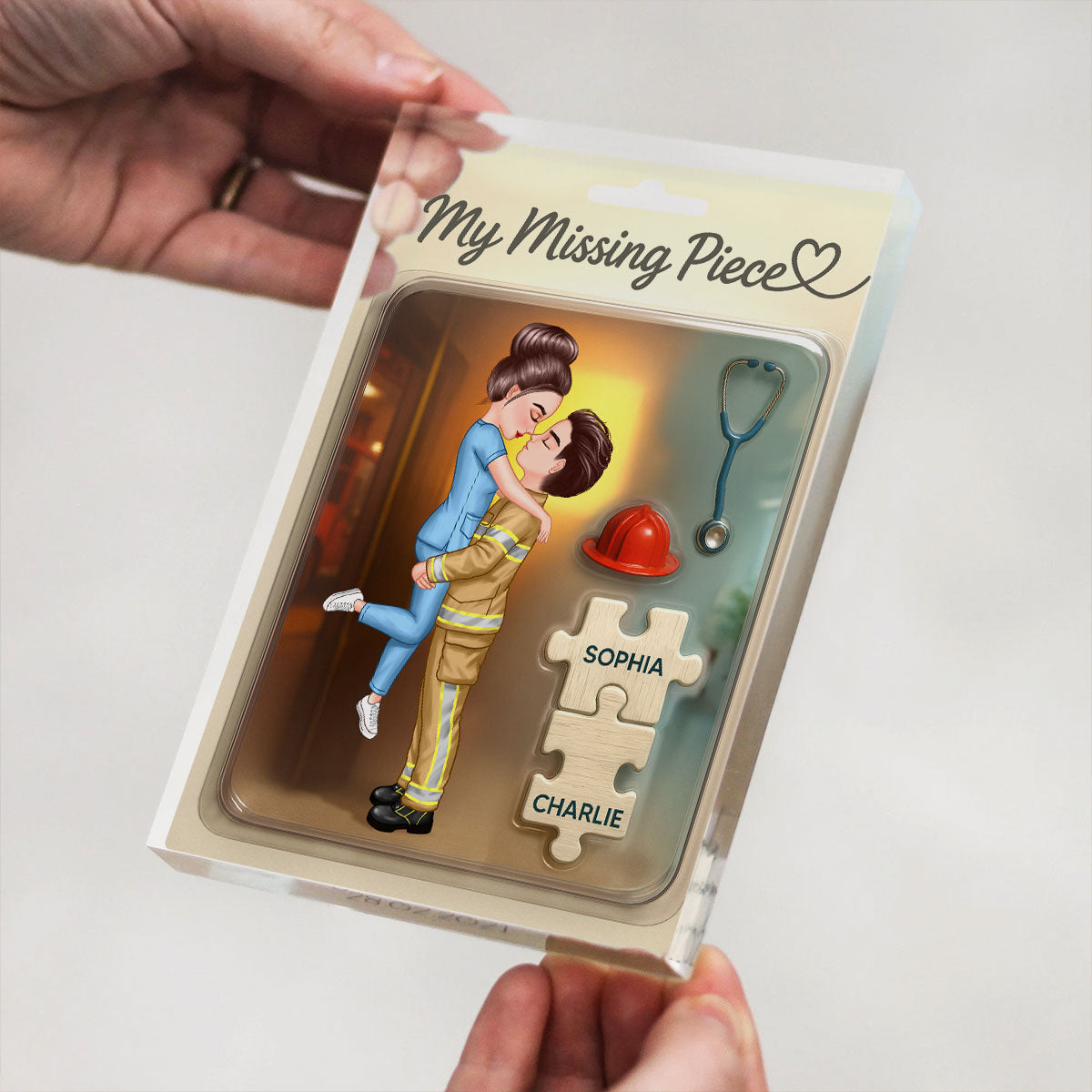 My Missing Piece Firefighter Nurse Doll Couple Personalized Acrylic Block Plaque, Gift for Him, Gift for Her