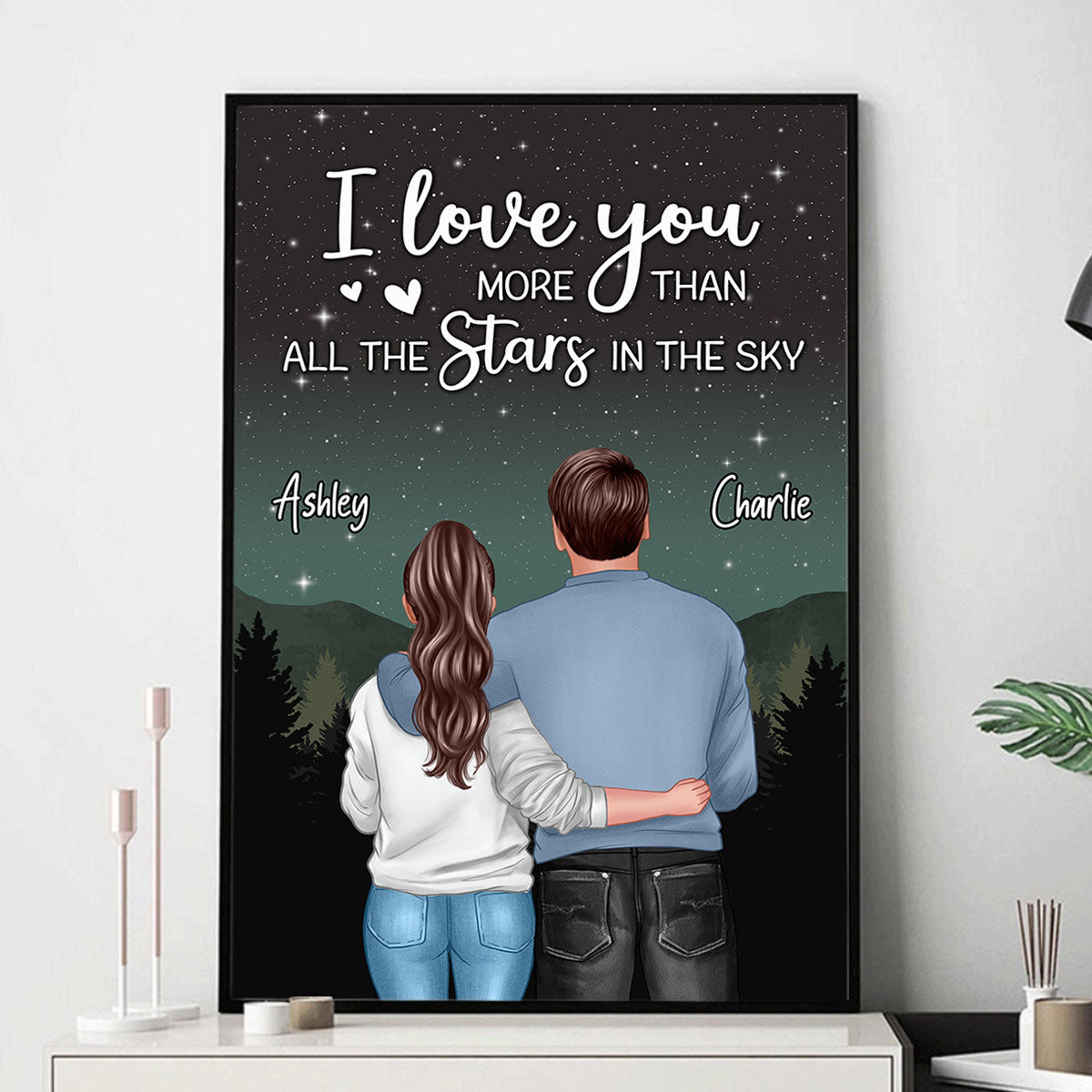 Galaxy Night Back View Couple Standing Hugging Personalized Vertical Poster