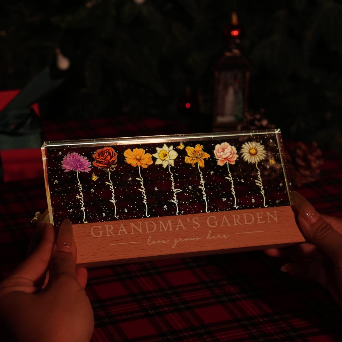 Grandma‘s Garden Birth Month Flowers - Personalized Acrylic Block Plaque LED Night Light - Heartfelt Gift For Grandma
