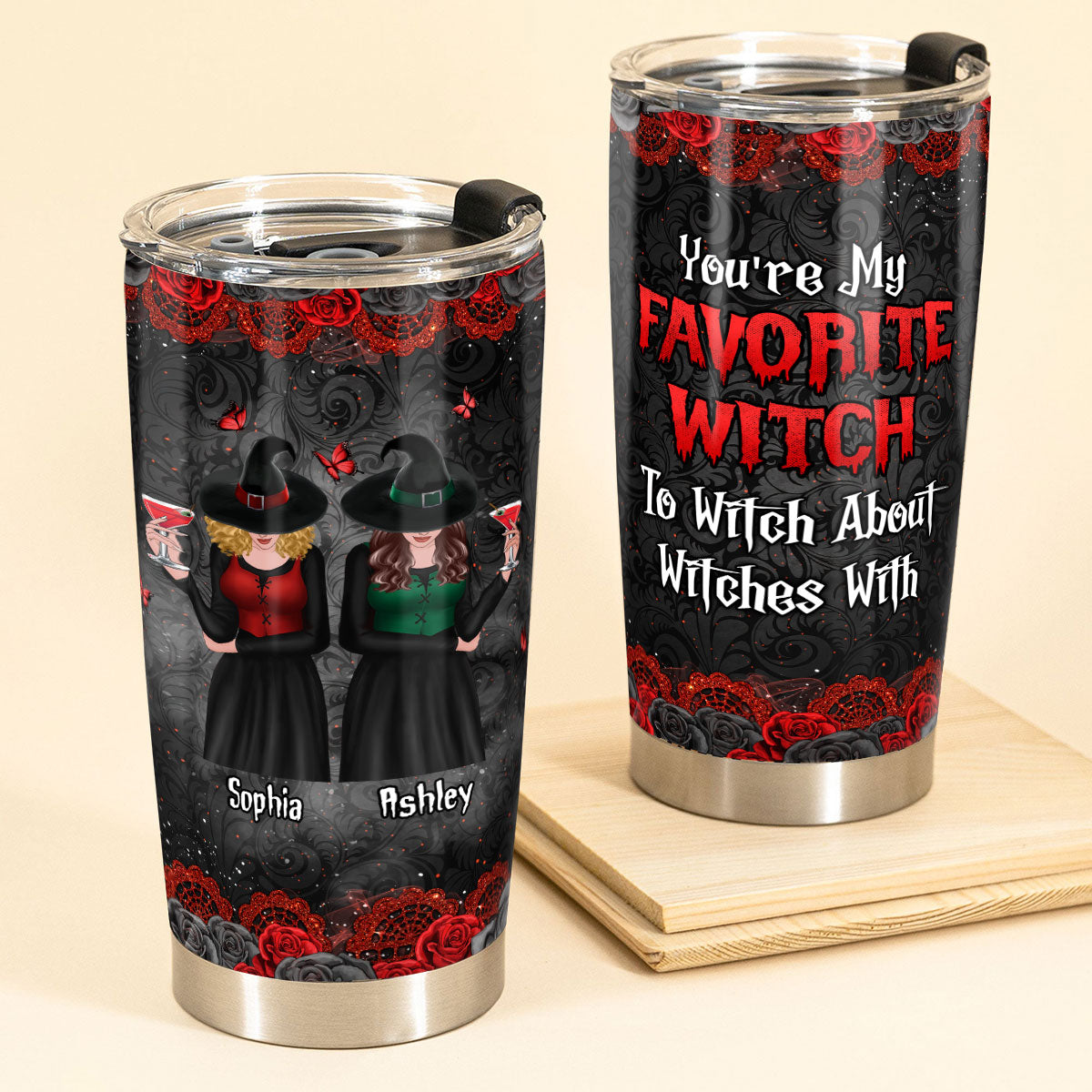 Roses Halloween Front View Besties Witches Gift For Best Friends Personalized Tumbler