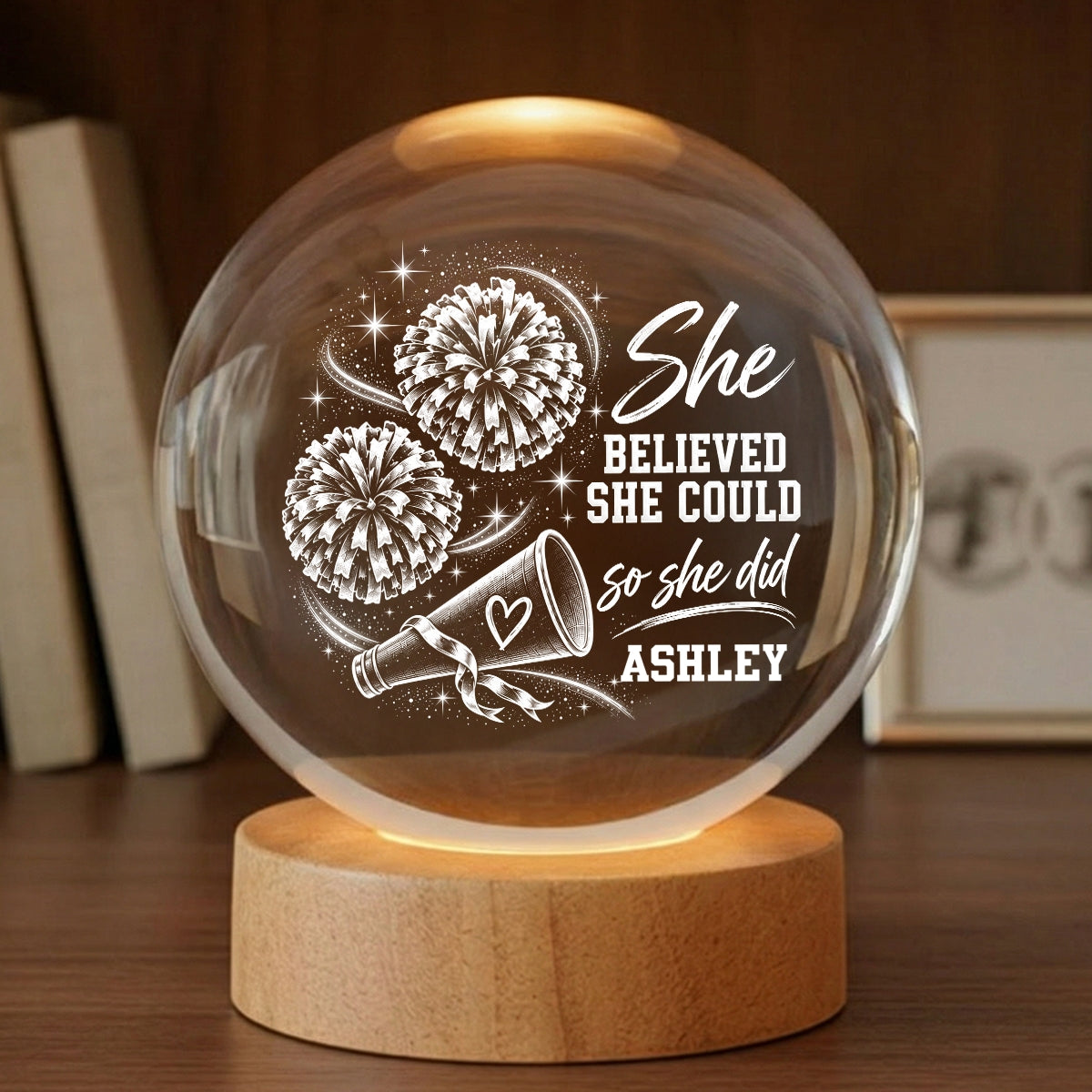 Beautiful Proud Cheerleader Custom Name - Personalized Crystal Ball LED Night Light - Christmas Gift For Cheerleaders, Daughter, Granddaughter