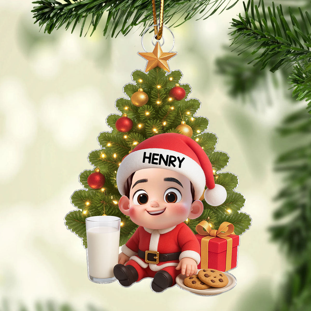 Little Kid with Milk and Cookies - Personalized Acrylic Ornament - Unique Christmas Gift For Kid, Grandkids
