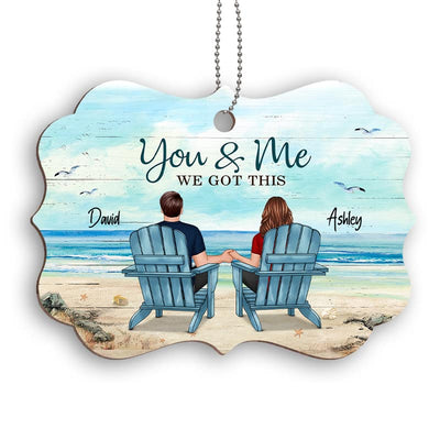 Back View Couple Sitting Beach Landscape Personalized Wooden Ornament