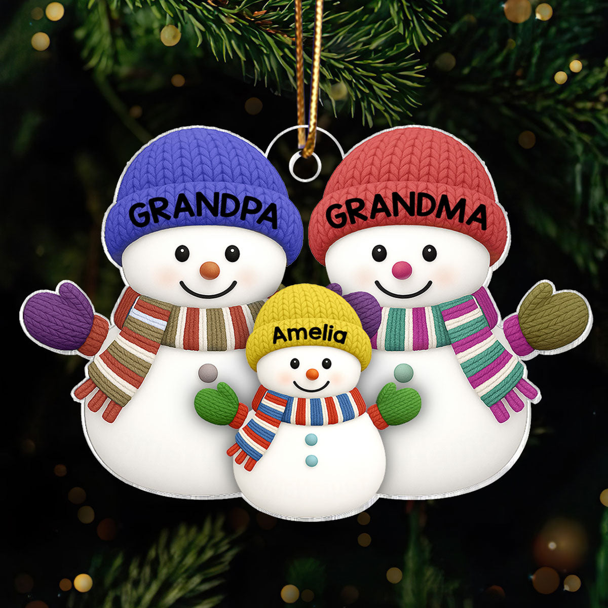 Christmas Grandma Grandpa And Grandkid Snowman Together - Personalized Acrylic Ornament