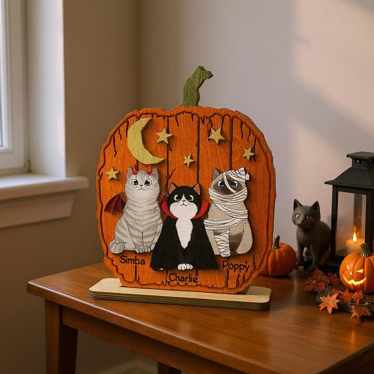 Halloween Cat Pumpkin Shaped - Personalized 2-Layered Wooden Plaque - Gift For Cat Lovers
