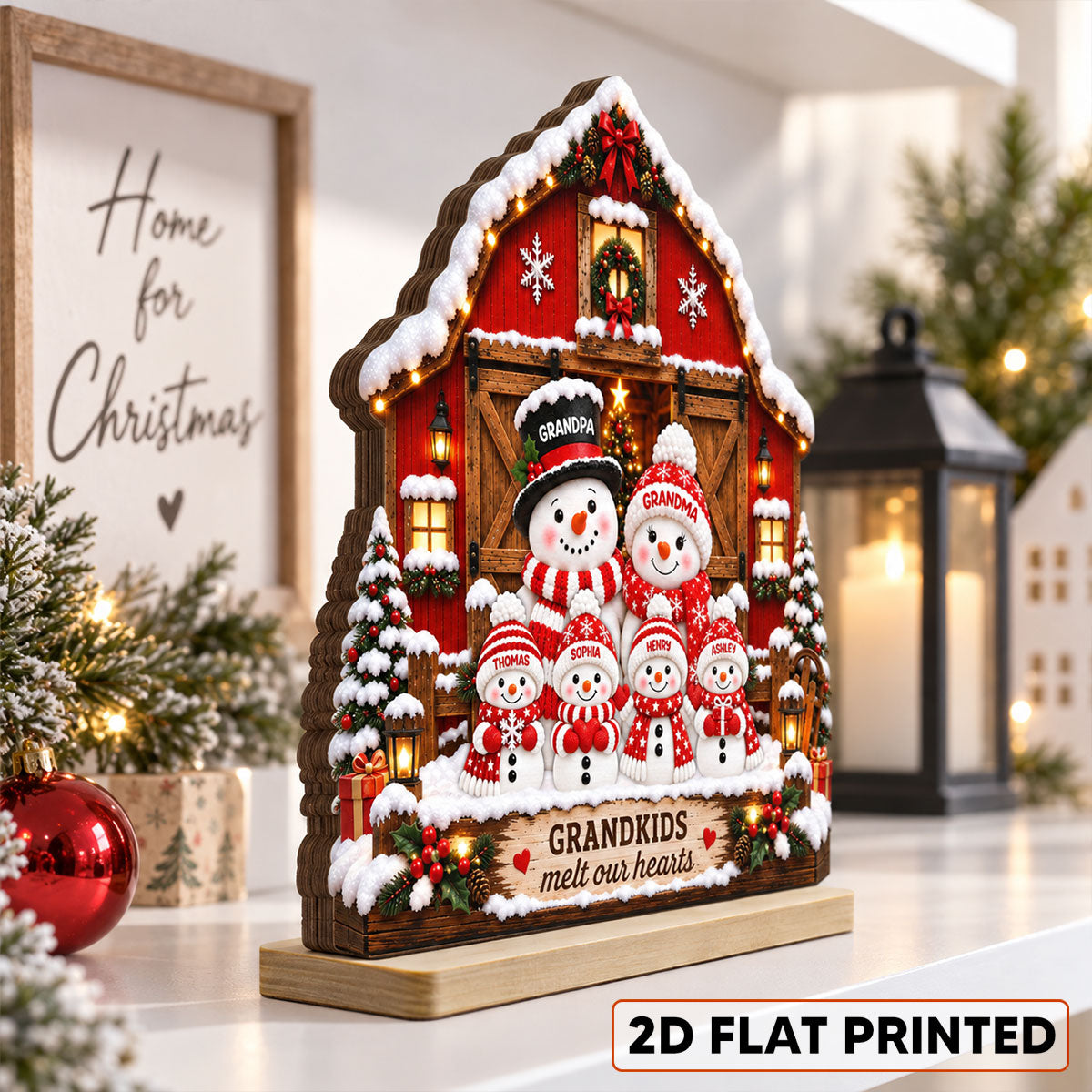Heartwarming Christmas Snowman Grandpa Grandma Grandkids Barn House - Personalized 2-Layered Wooden Plaque - Christmas Gift For Grandparents, Grandparents House Decor