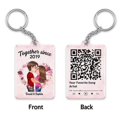Couple Kissing Floral Heart Favorite Song QR Code Personalized Acrylic Keychain
