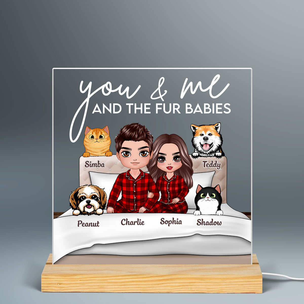 You Me And Fur Babies On Bed Personalized Custom Shape LED Night Light