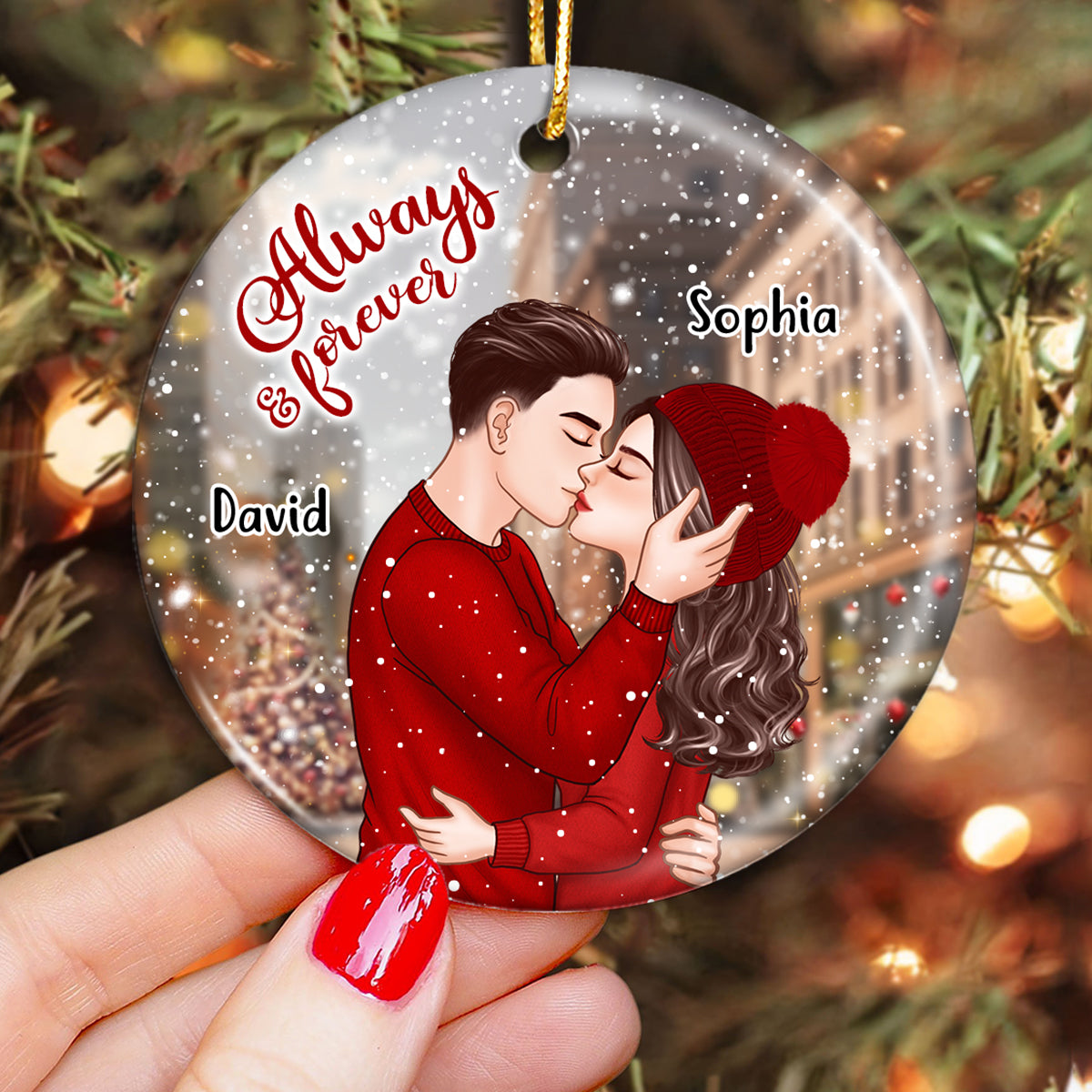 Romantic Couple Kissing On The Street Always & Forever Christmas Personalized Circle Ornament