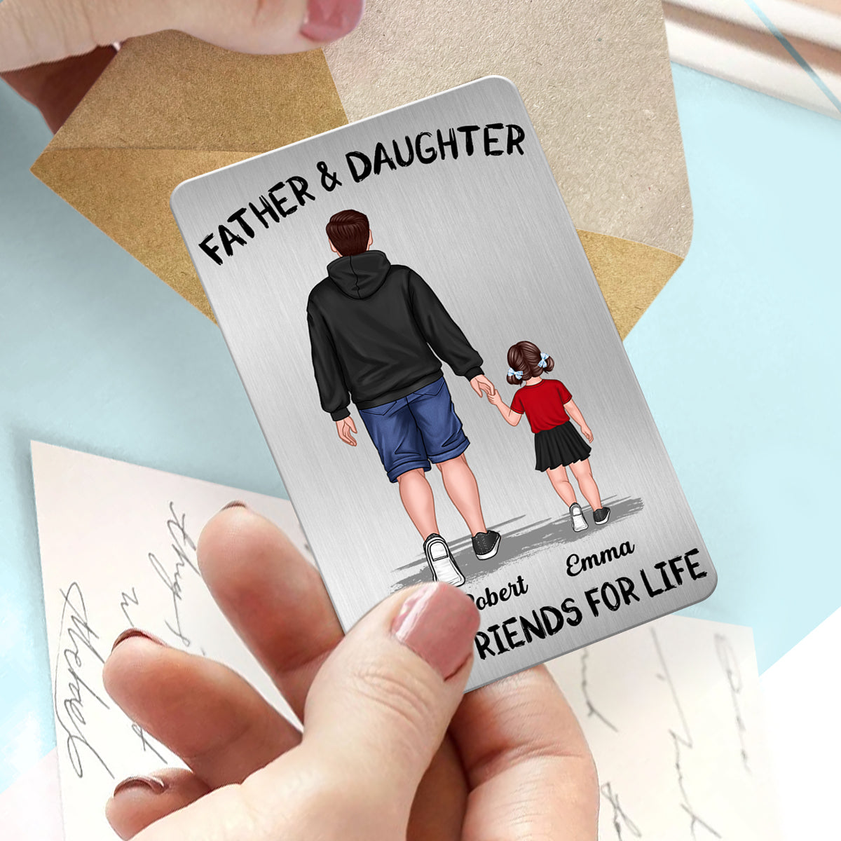 Dad And Kids Daughter Son Walking Best Friends Forever Personalized Metal Wallet Card