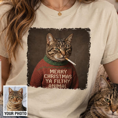 Funny Christmas Smoking Cat Upload Pet Photo - Personalized Shirt - Sarcastic Holiday Meme Tee, Cool Cat Lover Gift, Vintage Grunge Xmas Cat Gift, Ironic Pet Shirt
