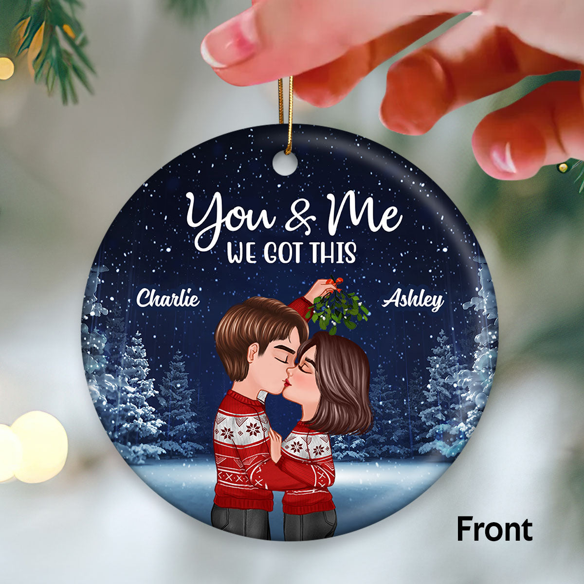 Couple Kissing Under Mistletoe Christmas Night Favorite Song Scannable QR Code Personalized Double Sided Circle Ornament